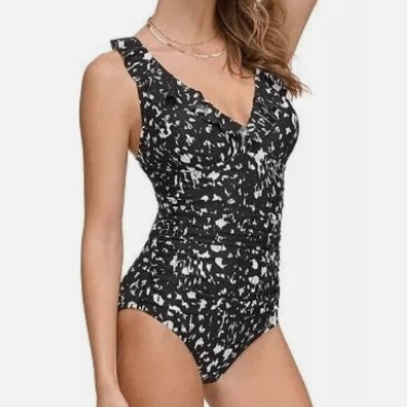 NWT! DKNY Black White Ruffle Tummy Control Underwire One Piece Swimsuit NEW! - Picture 1 of 3